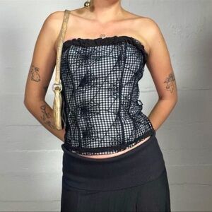 Tripp NYC Spiderweb Black White Plaid Lace Overlay Tie Up Corset Small